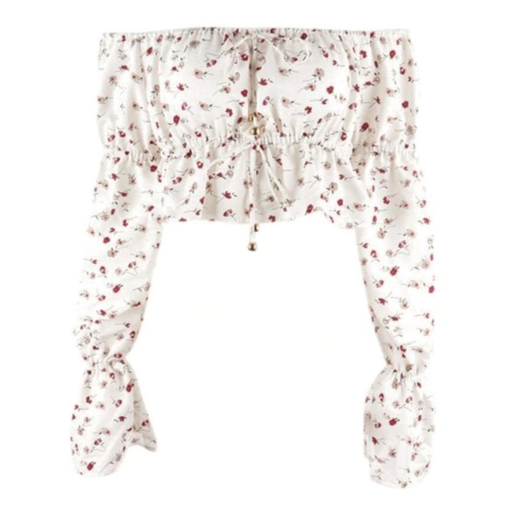boho gypsy floral print off shoulder crop top - Picture 4 of 5